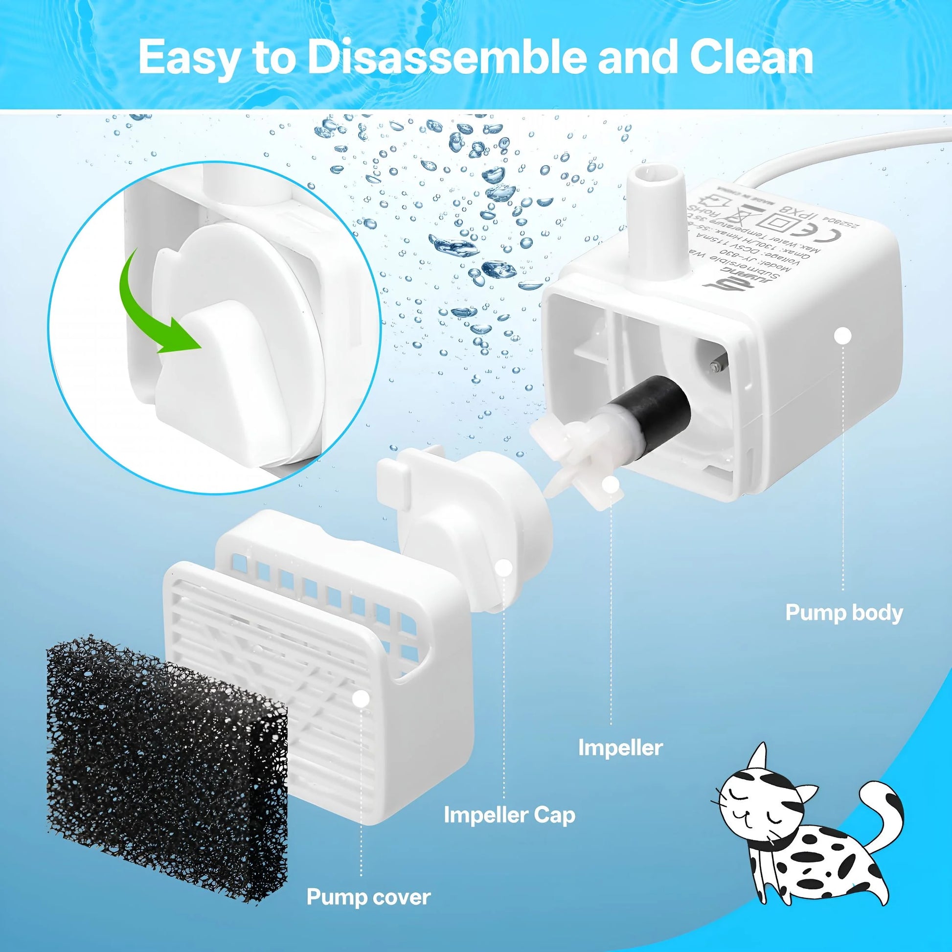 Cat Water Fountain Pump, White, Quiet Circulating Pump for Pet Drinking Fountain