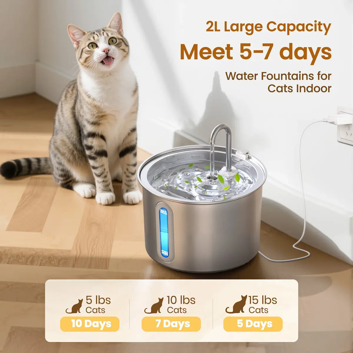 PurrFlow™ 304 Stainless Steel Cat Fountain — 2L