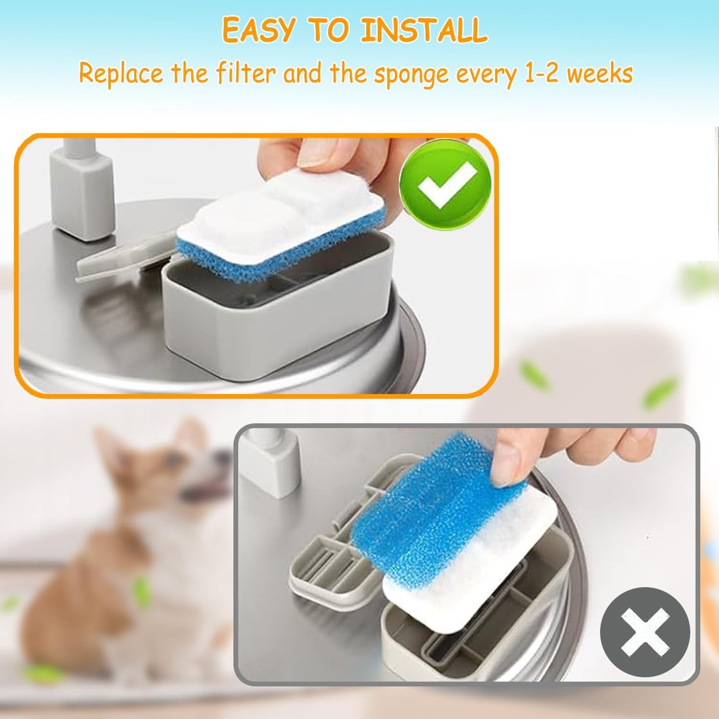 12 Set Cat Fountain Replacement Filters Compatible with Oneisall PWF-001 2L/67Oz Stainless Steel Pet Water Fountain Filters with Replacement Pre-Filter Pump Sponges