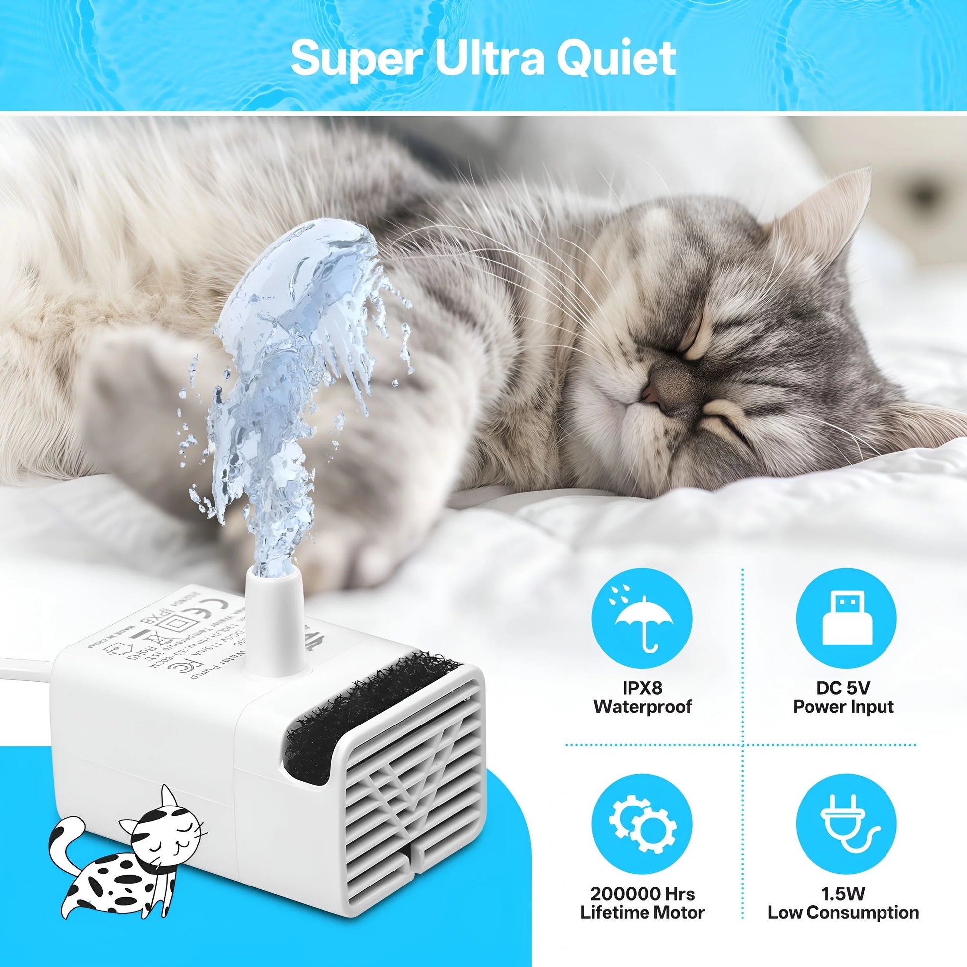 Cat Water Fountain Pump, White, Quiet Circulating Pump for Pet Drinking Fountain
